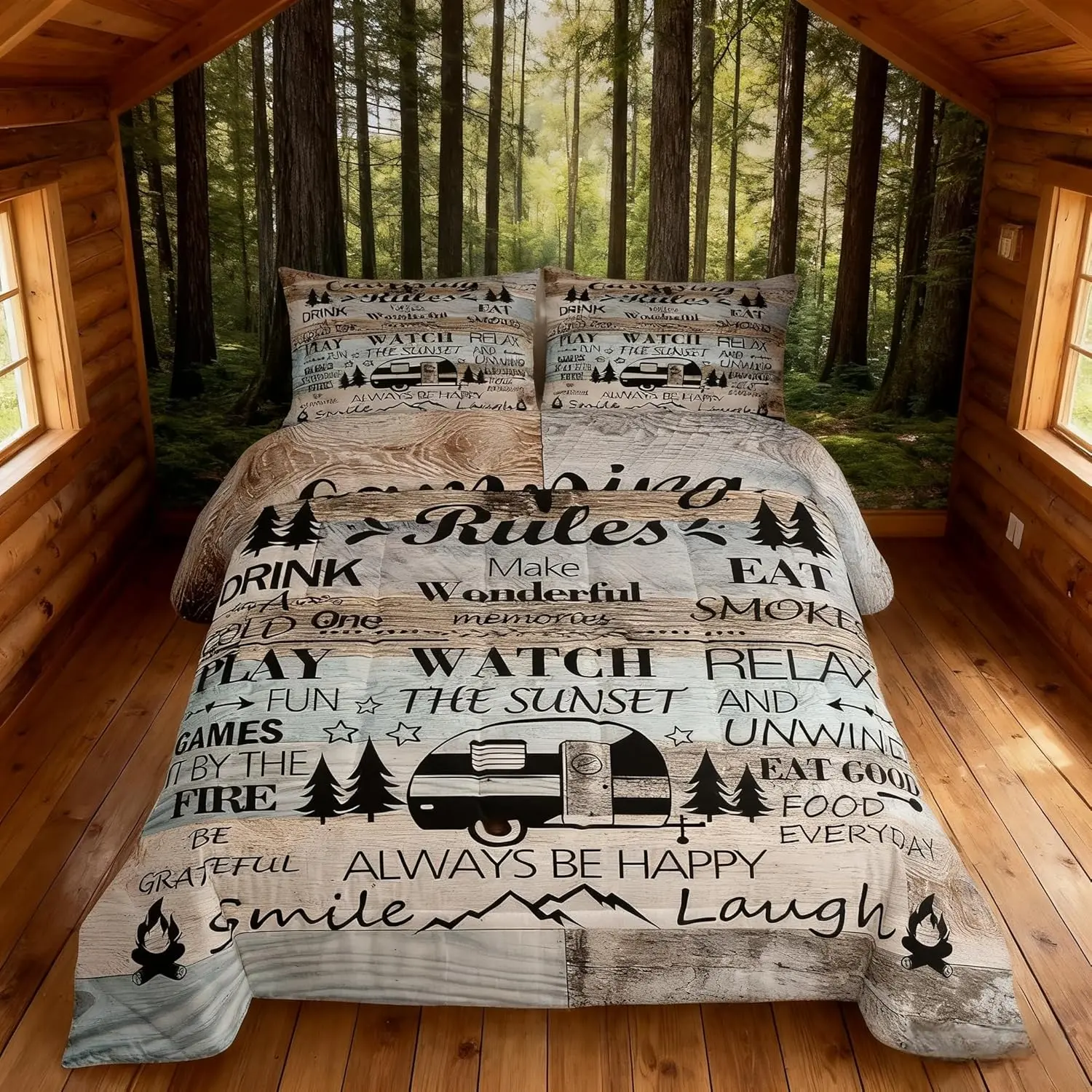Happy Camping Camper Comforter Set,Rustic Farmhouse Adventure Cabin Bedding Set Room Decor,Wooden Plank Cottage Lake House Quilt Comforter,Vintage Duvet Insert
