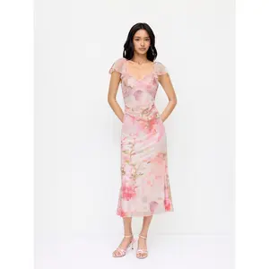 Cider Mesh Sweetheart Floral Ruffle sleeve Mermaid Maxi Dress