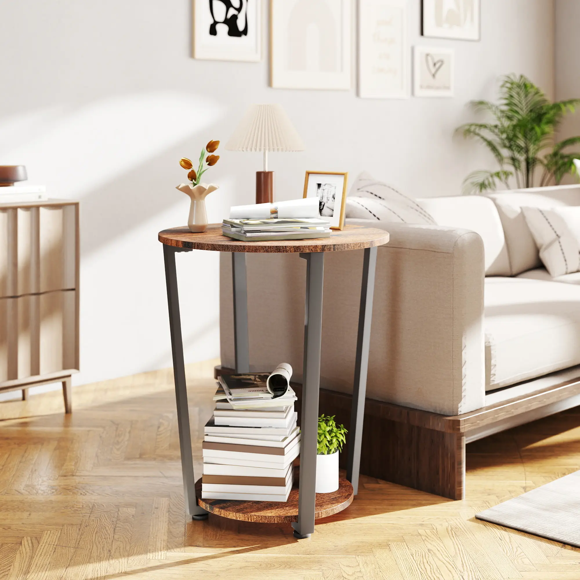 Modern Round Side Table; 2 Level End table with Wood Top and Steel Legs summergarden