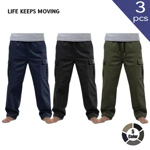 “LIFE KEEPS MOVING” 3-pack men’s adjustable drawstring cargo pants with side pocket design; durable fabric; versatile for everyday wear; machine washable.