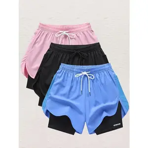 3pcs Women's High-Elasticity Breathable Athletic Shorts - Double-Layer Mesh Summer Running Yoga Cycling Shorts with Elastic Waist & Drawstring, Lightweight 5-Inch Shorts in 3 Colors (Black/Purple/Teal), Solid Color Design, Duallayer Design Activewear