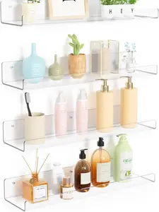 Clear Acrylic Wall Organizer 4 Pack 15 Inch Floating Bookshelves for Bathroom, Bedroom, Living Room, Kitchen Storage & Decor Racks Shelf