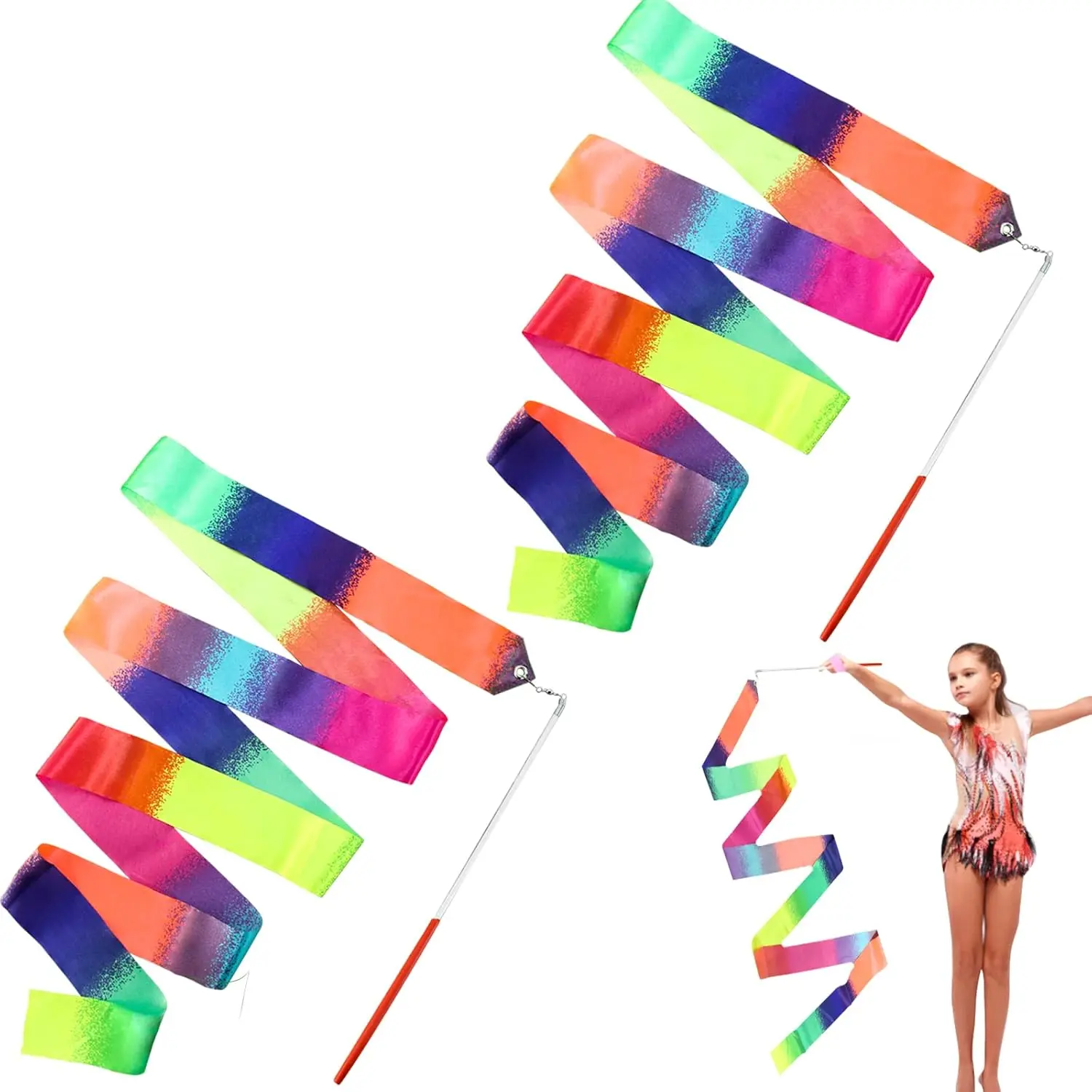 2Pcs Colorful Rainbow Dance Ribbon Wands 78.74Inch Rhythmic Gymnastics Dancer Wand with Rod Soft Twirling Streamers for Kids Girls Adults Artistic Dancing