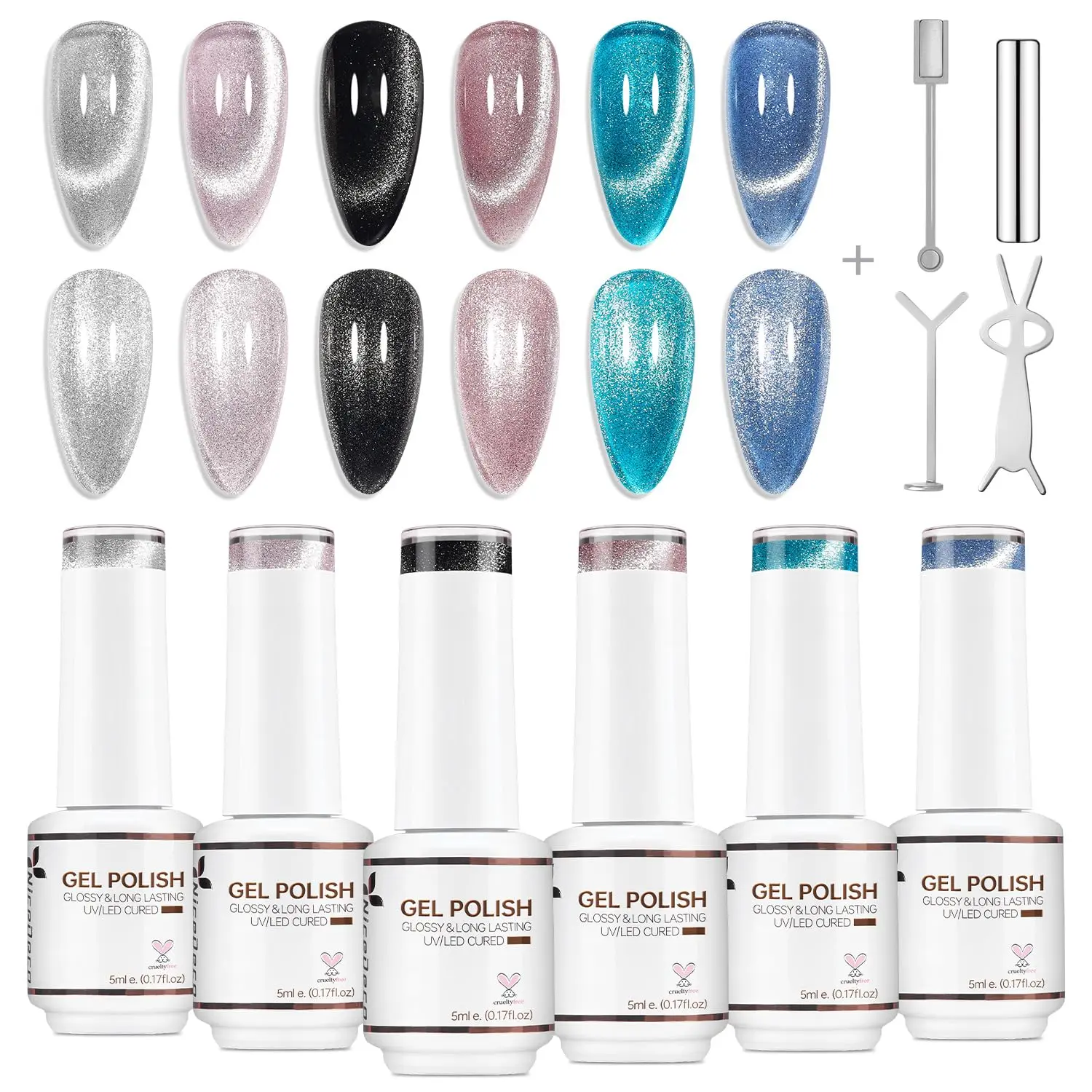 Nicedeco 6PCS 5ml Transparent Magnetic Cat Eye Gel Polish Kit with Magnet - Glossy Crystal Shimmer, Reflective Glitter Jelly UV Nail Polish, Long-Lasting for Salon & DIY Nail Art