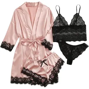 Women' Silk Satin Pajamas Set 4pcs Lingerie Floral Lace Cami Sleepwear with Robe