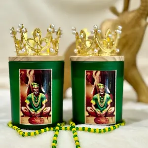Set of Two Candle for Orula with Royal Crown Design and Green Beaded Decorations