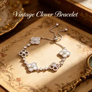 Elegant Clover Bracelet for Women, 14K White Gold Plated Shell Clover Charm Bracelet with Sparkling Zircon, Adjustable Slider Chain, Dainty Lucky Jewelry for Bridal Wedding, Party, Everyday Wear, Ideal Gift for Her