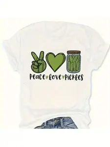 Funny Pickle Graphic T-Shirt - "Peace, Love & Pickles" Design, Casual Crew Neck Short Sleeve Tee, Breathable Cotton, Slight Stretch, Regular Fit, Summer Fashion Top, Halloween Trendy Tee, Casual Wear |   Playful Design |   Stretchable Fabric, Funny T Shir