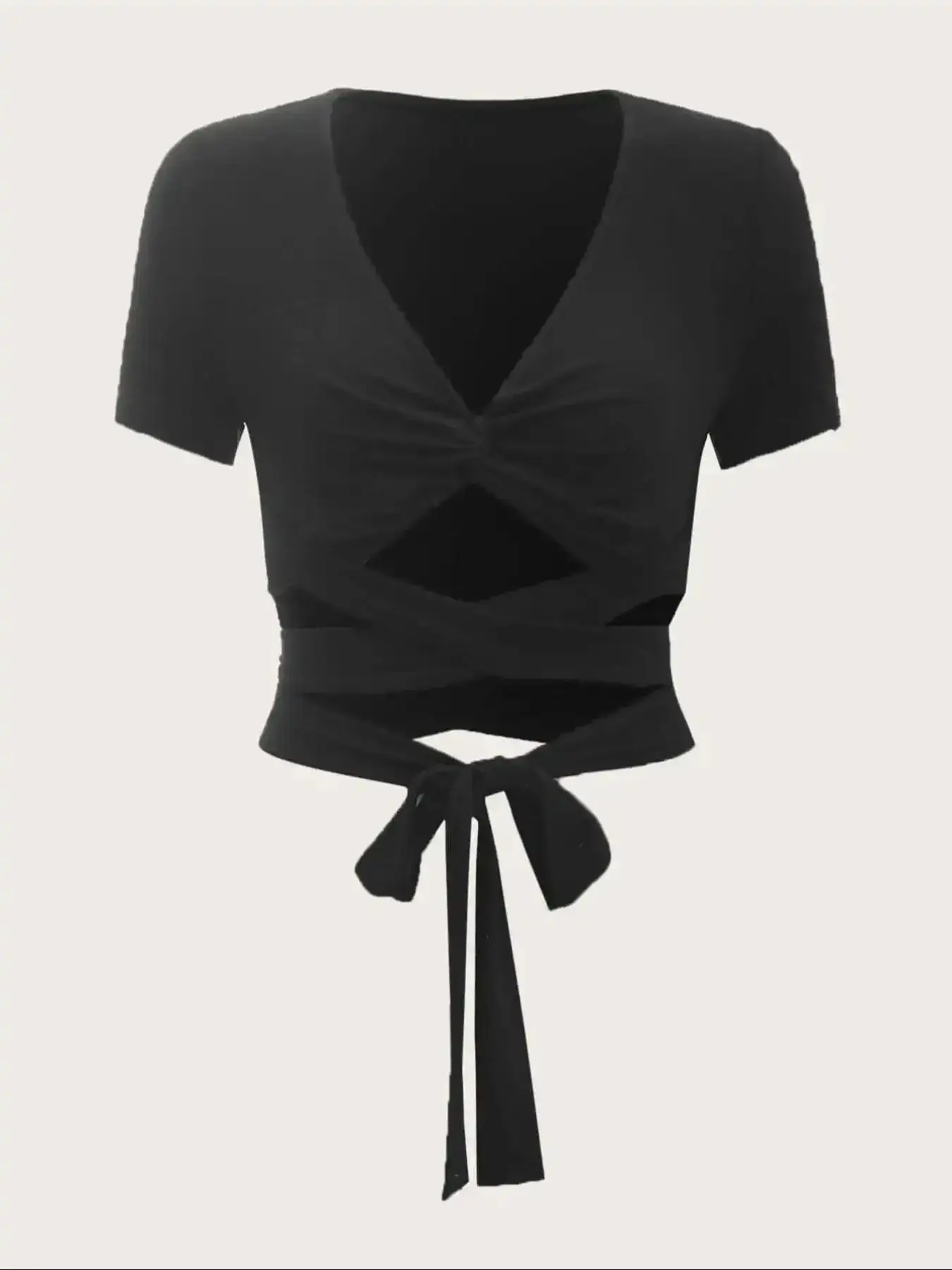 Women's Criss Cross Tie Front Twist V Neck Crop Tee, Casual Breathable Short Sleeve T-shirt for Summer, Tops, Everyday comfy fit trending now bodycon capsule wardrobe layering piece