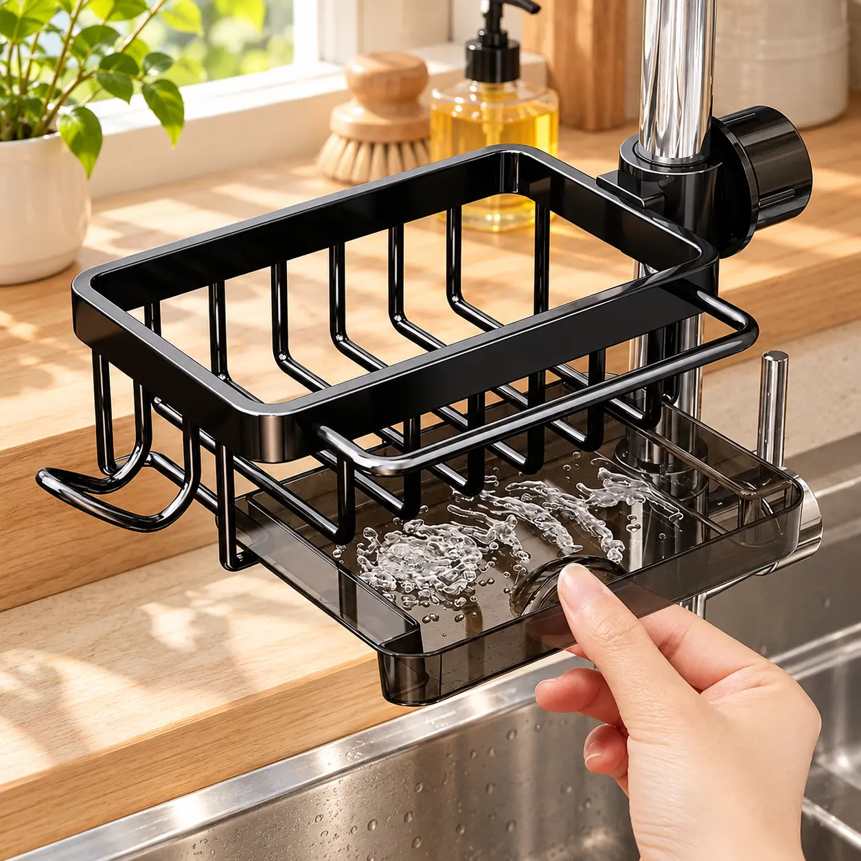 Sink Organizer Rack,Hanging Faucet Drain Rack with Drip Tray Stainless Steel Detachable Sink Faucet Sponge Holder Over Faucet for Kitchen and Bathroom,Scrubbers, Soap,Brush