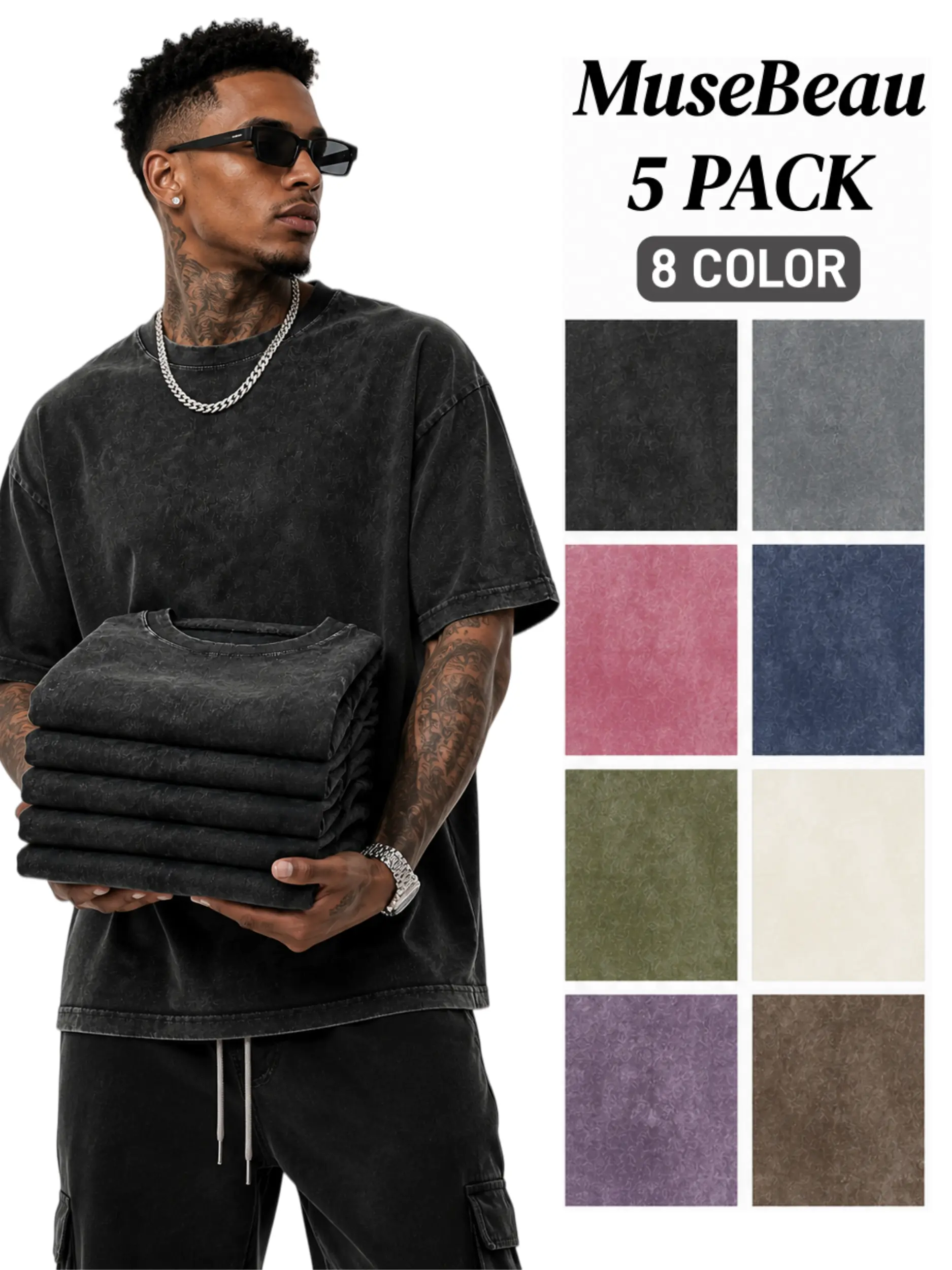 MUSEBEAU Unisex 3/5 Pack 240g Heavyweight 100% Cotton Acid Washed T-Shirt Round Neck,Short Sleeve,Plain, Casual Retro, Loose-Fit, Moderate, Vintage, Breathable,Oversized Streetwear Tops for Summer Menswear Womenswear Casual Outfits,back to school shopping
