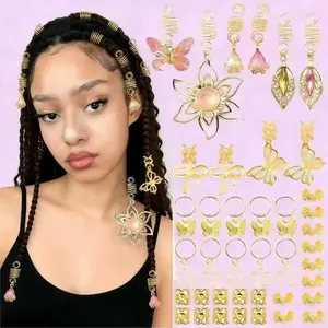 Braid Hair Jewelry Gold Butterfly Dreadlock Charms, Crystal Flower Pendants with Mini Claw Clips for Locs & Braids Secure Hold Duckbill French Twist Side Comb Wavy Claw