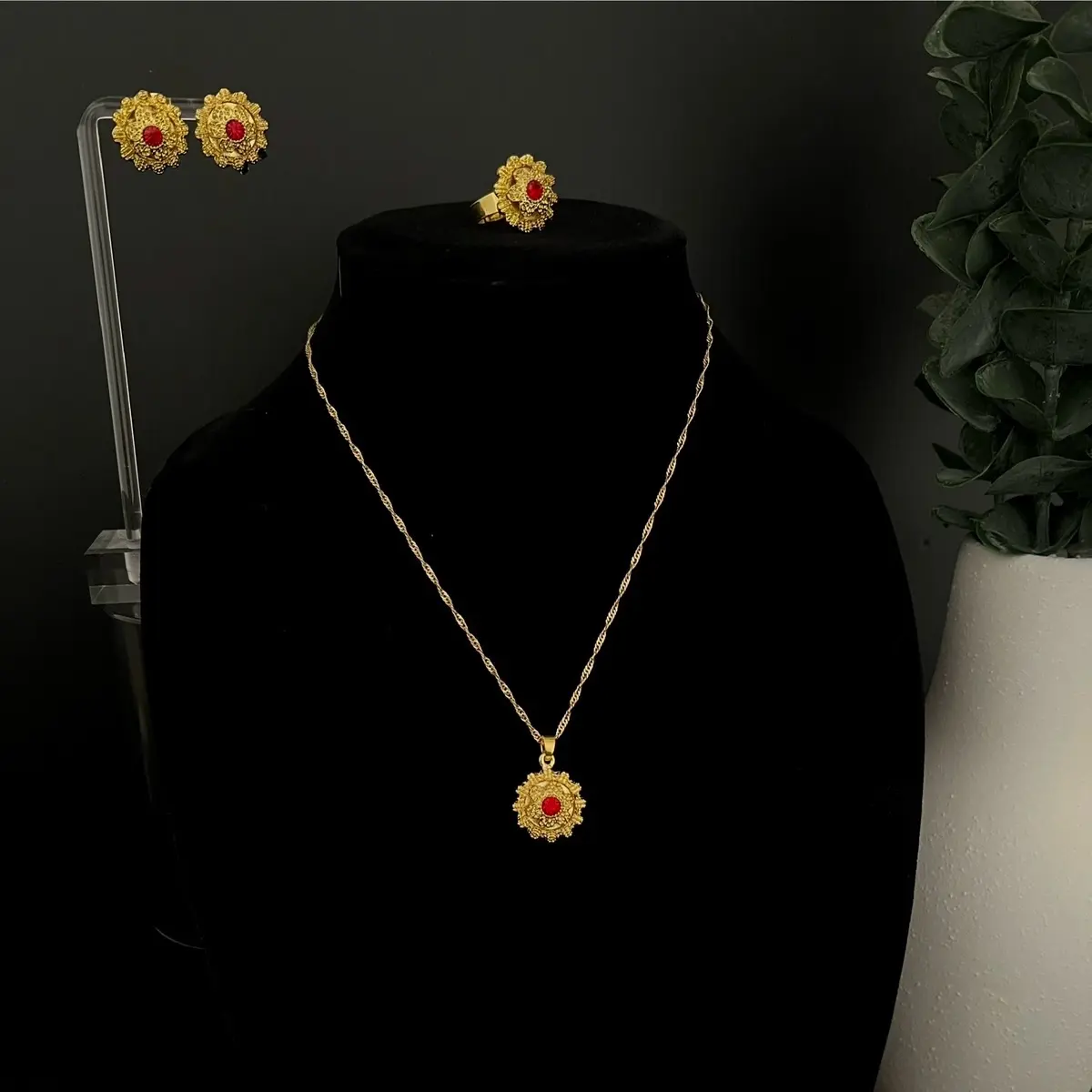 Elegant Gold Set. Necklace, Earring, Ring - Arab style, African Style, Asian Style, Indian Style, Dhabah Dupe jewelry