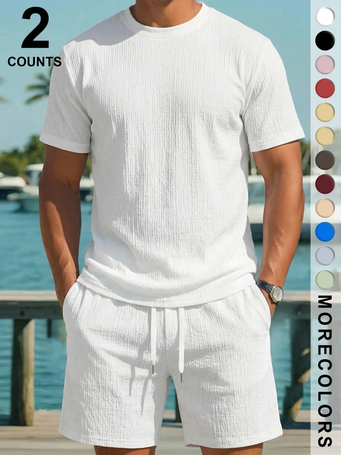 Men's Summer 2-Piece Set, Wrinkle Texture Round Neck Short Sleeve Shirt & Drawstring Shorts, Breathable Loose Fit, Home, Work & Outdoor Vacation Casual Wear