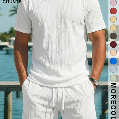 Men's Summer 2-Piece Set, Wrinkle Texture Crewneck Short Sleeve Shirt & Drawstring Shorts, Breathable Loose Fit, Home, Work & Outdoor Vacation Casual Wear