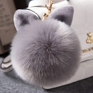 12 cm Rabbit Ears Fur Ball Bag Charms with Golden Keyring Pom Pom, Fluffy Fur Ball Keychain for Car Keyring, Charm Gift