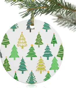Christmas Ornament 2022, Christmas Tree Double Side Printed Ceramic Round 3" Hanging Oranments, Teal Ombre Xmas Tree Art Decor White Xmas Tree Decoration, Gifts for Family and Friend