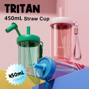 【COMOBEBE】15oz Tritan Sippy Cup – Leak-Proof Design , Food-Grade Silicone Straw, BPA-Free, Dishwasher Safe Bottle Drinkware Reusable Portable