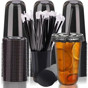 18oz Disposable Stemless Glasses with Flat Lids and Straws,PET Disposable Drinking Cups,Clear Plastic Wine Glasses for Parties Birthday,Wedding,Meeting,Christmas Party Supplies.(50, Black)