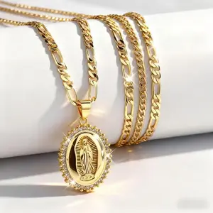 14K Gold Plated Virgin Mary Pendant Necklace, Cubic Zirconia Border Oval Guadalupe Medal Figaro Chain Necklace Religious Jewelry Gift for Men Women