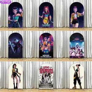 JY4207 15-day 2D Flat Delivery K-Pop Demon Hunters Anime Arch Backdrop Cover, ElasticFabric with Neon & Comic Style Print, Wrinkle-Resistant, Ideal for K-Pop Fans or Anime Themed Birthday Party Photo Booth Decoration