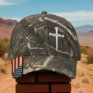 Christian Cross Baseball Cap Religious 3 Nail Design Mossy CAMO HAT with White Cross Jesus Christian Hat USA Flag Brim Adjustable Hat and Free Decal