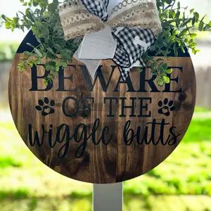 Beware of the Wiggle Butts Wooden Sign with Plaid Bow and Greenery for Outdoor Decor