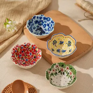 Bohemian Style Ceramic Dipping Sauce Dish Set, Creative Petal Edge Condiment Bowls, Multi-Functional Soy Sauce Vinegar Snack Plates Kitchen Utensils
