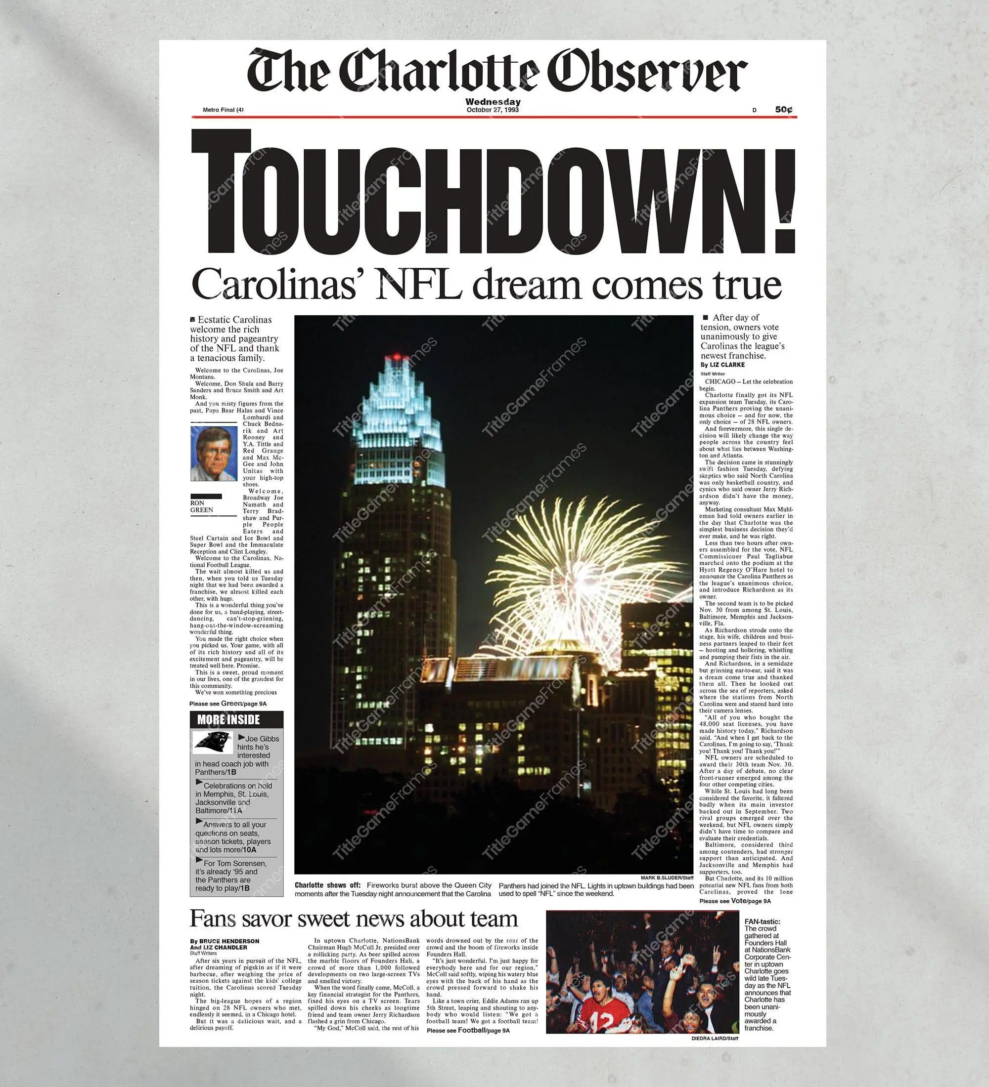 1993 Carolina Panthers "TOUCHDOWN!" Charlotte Gets New Football Team Unframed Poster