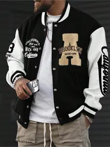 Men's Letter & Number Graphic Print Varsity Jacket, Casual Fashionable Jacket, Casual Retro Baseball Collar Long Sleeve Outerwear for Fall & Winter, Fashion Men's Clothes for Daily Wear, Coats, Baseball Jackets, Menswear