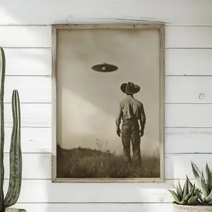 UFO Cowboy Art Print - Vintage Style Sci Fi Western Photography - Americana Alien Wall Decor