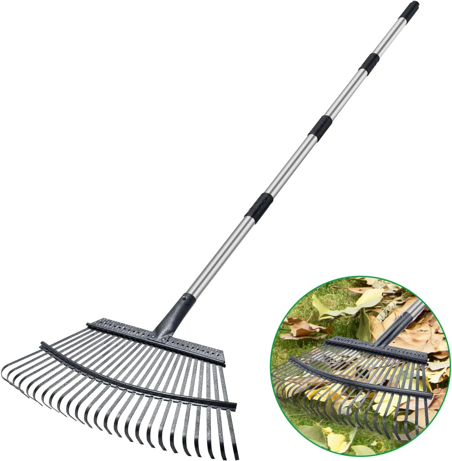 Rake for Leaves Heavy Duty 72 Inch Long Expandable Leaf Rake, 18 Inch Wide Garden Rake with 25 Reinforced Tines and Stainless Steel Handle for Lawn, Yard, Leaf Cleanup