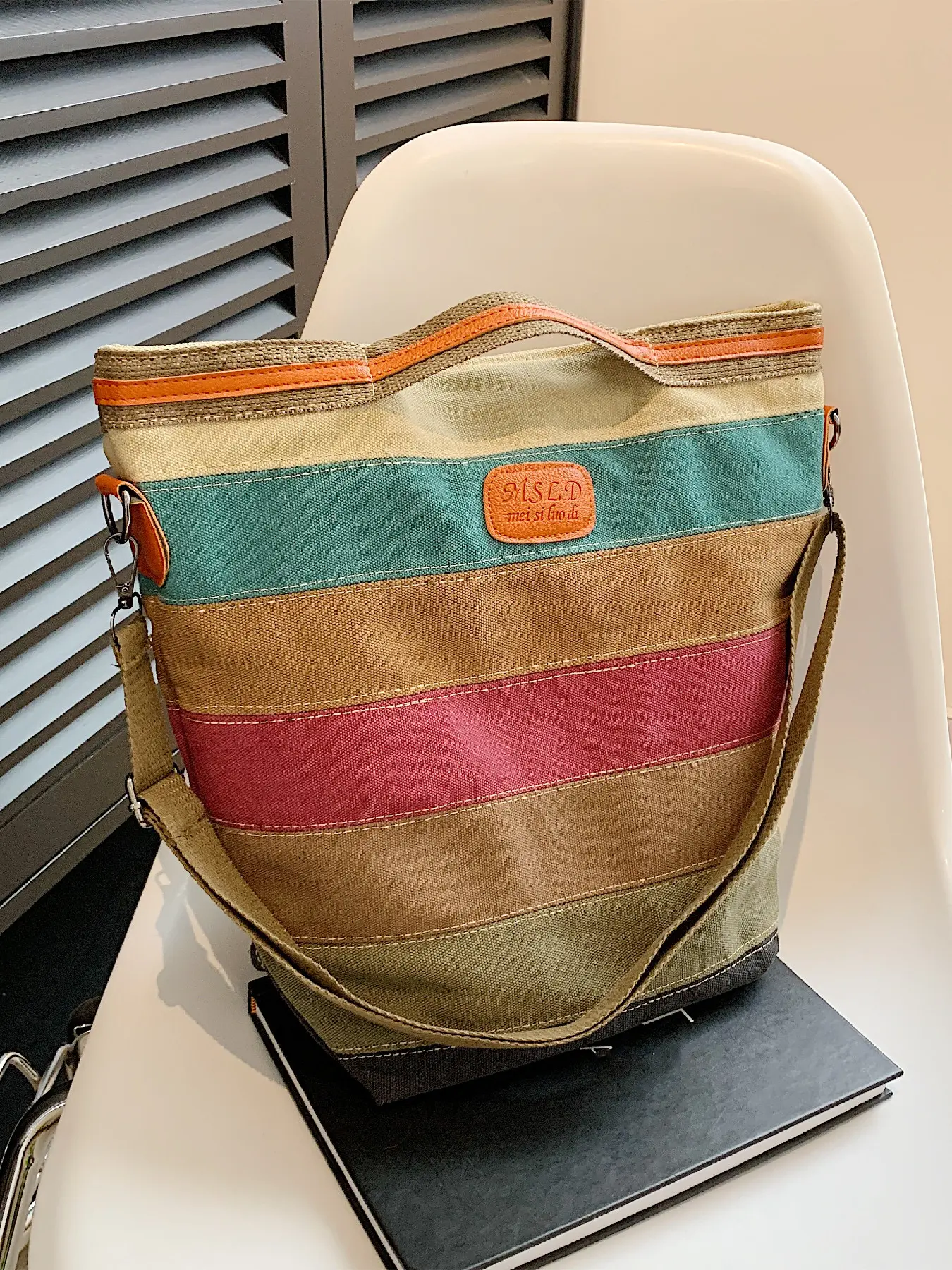 Retro casual rainbow stripe canvas tote bag, large capacity bohemian style crossbody shoulder bag, Bohemian Casual Purse