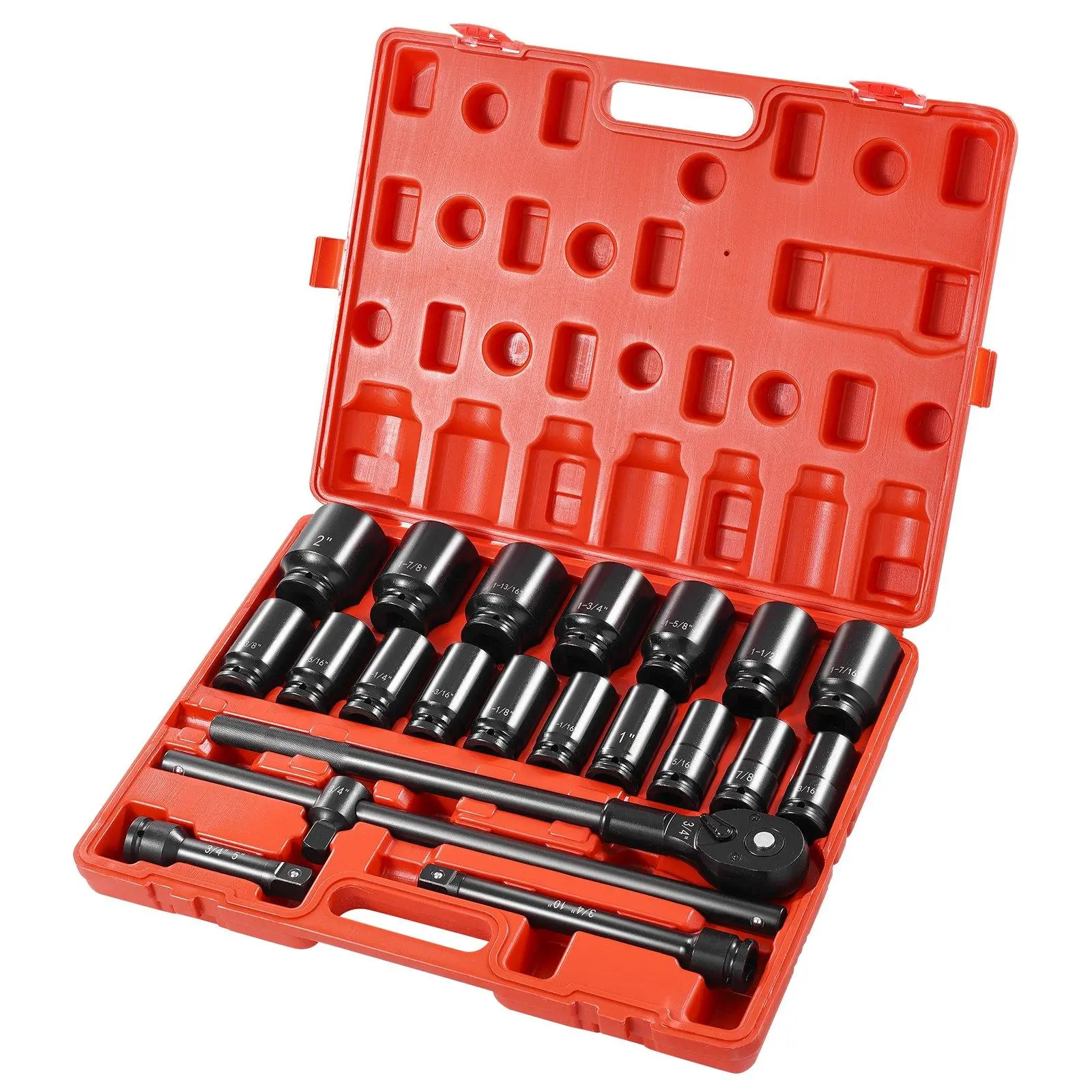 【Fallpicks】VEVOR 3/4 in Drive High Torque Alloy Steel Socket Ratchet Wrench Set, 22-Piece Deep SAE Impact Socket Set with 3/4 in to 2 in SAE Sizes, Mechanic Tool Kit for Wheel Lug Nuts, Adapters & Ratchet Handle