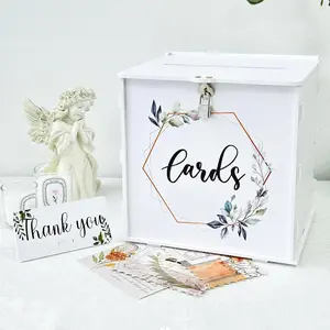 White Wedding Card Box with Lock, PVC Gift Card Box for Wedding Reception, Eucalyptus DIY Wedding Envelope Money Card Box for Party Graduation Birthday Baby Shower Decorations