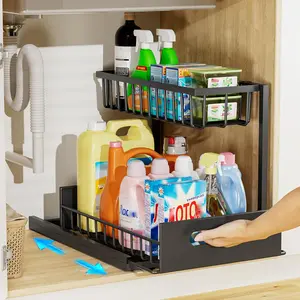 Under Sink Organizer, Height Adjustable UnderSink Organizers and Storage, 2 Tier Pull OutDrawer Cabinet Organizer for Kitchen Bathroom