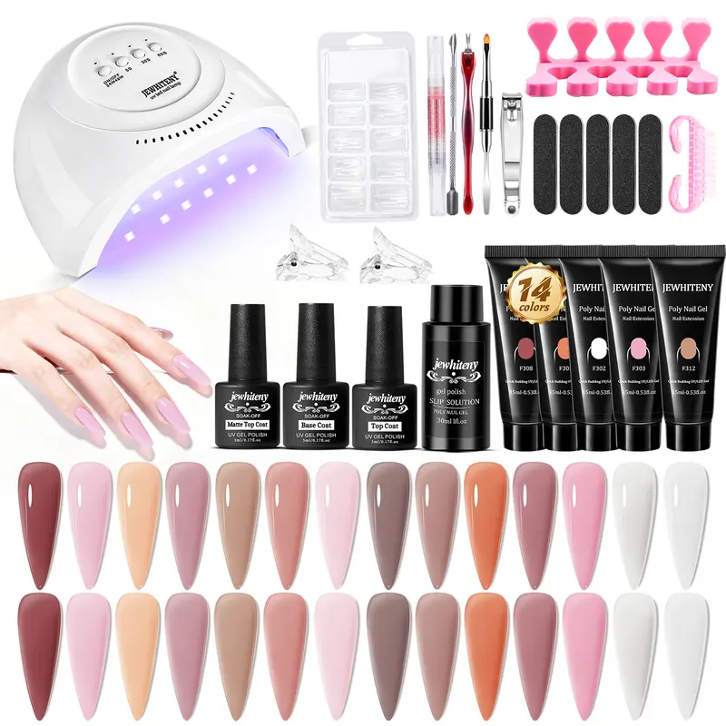 JEWHITENY 14-Shade Poly Extension Gel Nail Kit, Affordable At-Home Set with Lamp, Base & Top Coat, Builder & Colored Supplies for Decorated Nails (Nude, Pink, White, Brown) DIY Manicure Starter Kit, Affordable At-Home Nail Kit
