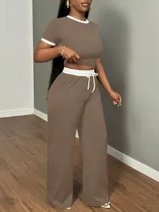 Women's New Casual Color-Blocked Round Neck Short Sleeve Two-Piece Set, Drawstring Waist with Side Pockets, All-Season