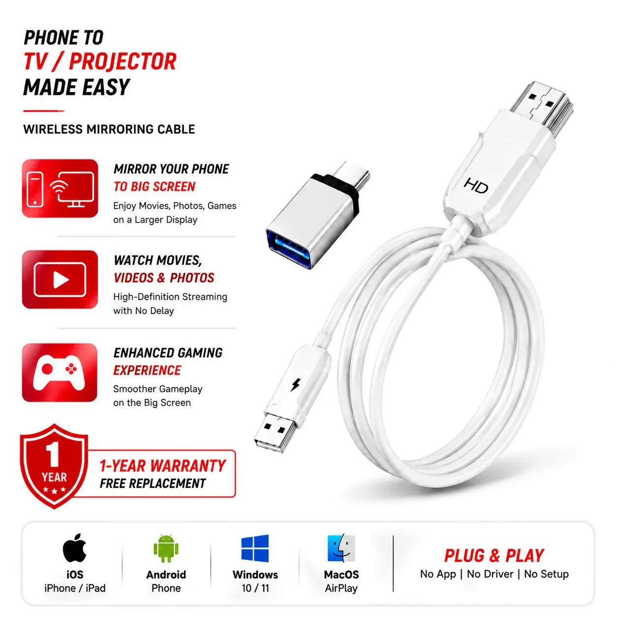 TRENDING 2026! Wireless HDMI Mirroring Cable for TV/Projector | Plug & Play No WiFi or App Needed | AirPlay & Miracast for iPhone/Android/Windows/Mac | Stream YouTube & Videos from Phone to Big Screen