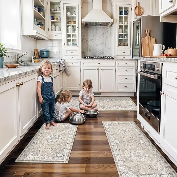 Vintage Washable Runner Floor Rugs - 1/3 Pcs Distressed Soft Fabric Carpet, Non-Slip Backing, Stain-Resistant, Multi-Size for Hallways, High-Traffic Areas