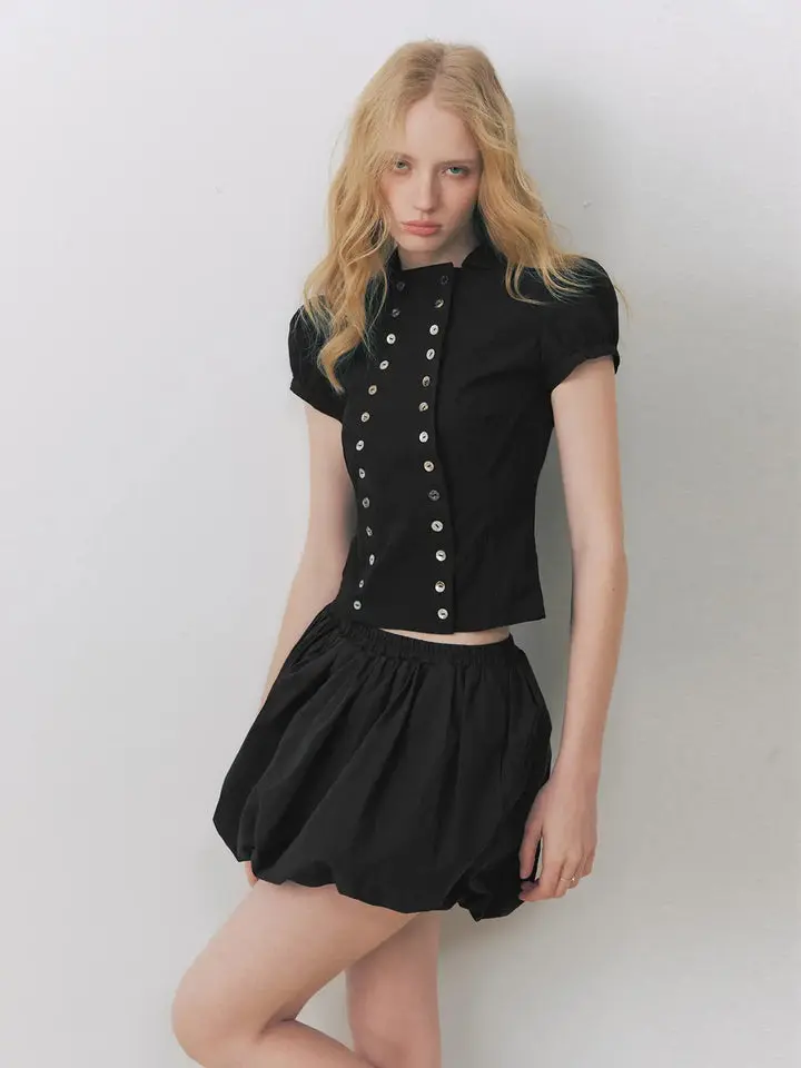 Women's Double Breasted Puff Sleeve Shirt Cropped – Shell Button Cotton Blouse, Fitted Top