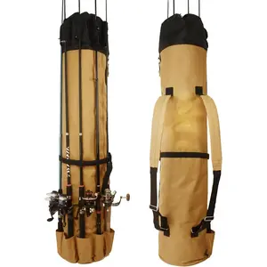 Fishing Rod Bag - Double-Shoulder Fishing Pole Case, 600D Oxford Fabric, Multifunction Large Capacity Waterproof Tackle Bag, Gifts for Men (Khaki)