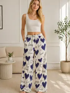 2026 Summer New Heart Print Wide Leg Sleep Pants for Women, Loose Fit Casual Home Wear, Long Regular Length, All over Print