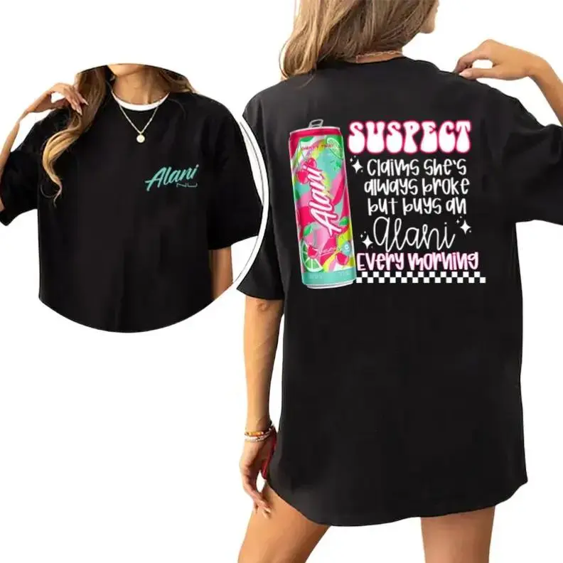 [100% Cotton] Alani Nu 2-Sided Merch Tee, Funny Womens Graphic Energy Drink Lover T-Shirt, Cute Alani Nu Streetwear Top in Full Sizes, Soft Casual Unisex Outfit for Daily Wear, Perfect Gift for Alani Fans