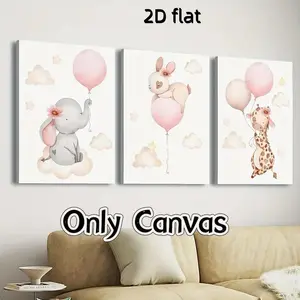 3 pieces of minimalist animal prints - elephant, rabbit, giraffe, and pink balloon canvas posters, suitable for decorating youth rooms or game rooms, playful theme decorations for kindergarten murals, 2D flat printing frameless paintings Wall Decoration