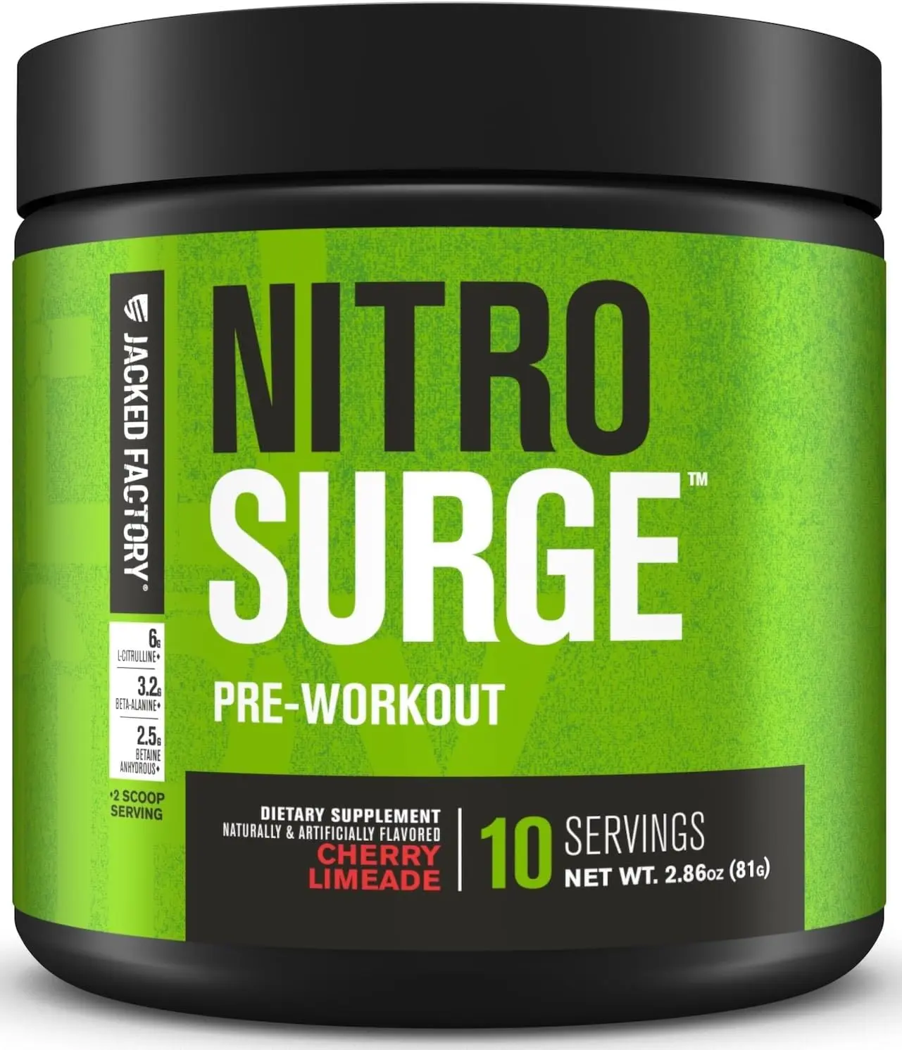 Jacked Factory NITROSURGE Edible Pre-Workout Dietary Powder - High-Performance Fitness Supplement with Beta Alanine, L-Citrulline, Energy Boost - Prop 65 Safe, Cherry Limeade Flavor, 10 Servings for Muscle Support