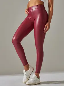 Women's PU Leather Pant, High-Waisted Fitted PU Leggings, Sexy Plain Design, Fall & Winter Wear, Elastic Comfortable Leggings with Pockets
