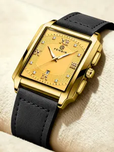 Vintage Square Men's Quartz Watch, Diamond-Embedded Leather Strap, Waterproof Calendar Function, Casual Business Style, Perfect Gift for Him