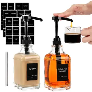 Coffee Syrup Dispenser 16 oz 2 Pack, Clear Glass Syrup Bottle with 1/4oz Capacity Pump for Coffee Bar with Plastic Pump