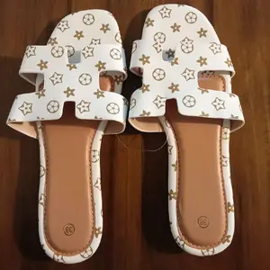 Name White Star Pattern Slides with Gold Accents Comfortable Summer Sandals for Women